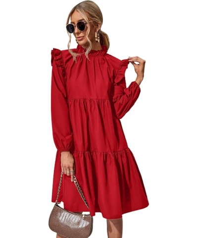 Women's Tunic Dress Loose Mock Neck Midi Dress Long Sleeve Ruffle Hem Flowy Smock Dress Shift Dresses Red $10.35 Dresses