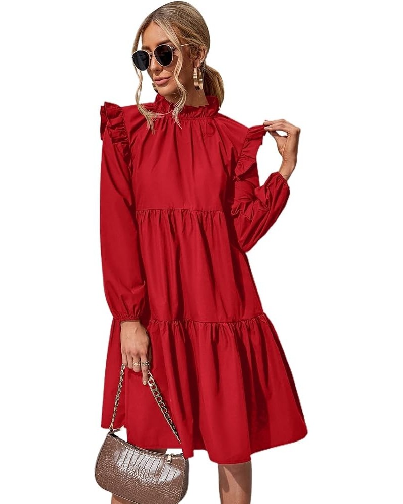 Women's Tunic Dress Loose Mock Neck Midi Dress Long Sleeve Ruffle Hem Flowy Smock Dress Shift Dresses Red $10.35 Dresses