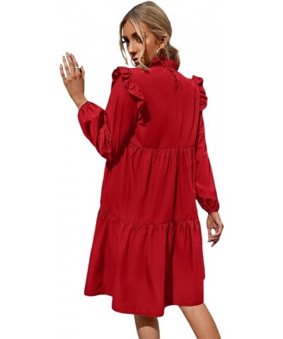 Women's Tunic Dress Loose Mock Neck Midi Dress Long Sleeve Ruffle Hem Flowy Smock Dress Shift Dresses Red $10.35 Dresses