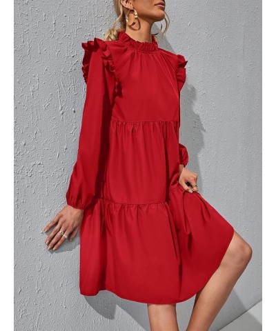 Women's Tunic Dress Loose Mock Neck Midi Dress Long Sleeve Ruffle Hem Flowy Smock Dress Shift Dresses Red $10.35 Dresses