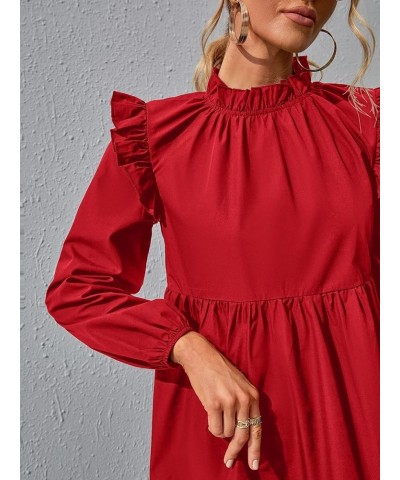 Women's Tunic Dress Loose Mock Neck Midi Dress Long Sleeve Ruffle Hem Flowy Smock Dress Shift Dresses Red $10.35 Dresses