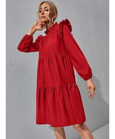 Women's Tunic Dress Loose Mock Neck Midi Dress Long Sleeve Ruffle Hem Flowy Smock Dress Shift Dresses Red $10.35 Dresses