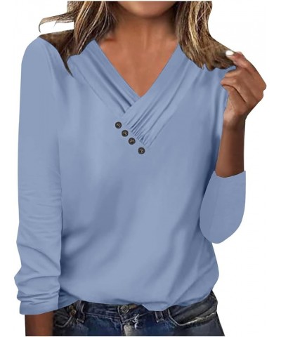 Women Fall Elegant Pleated V Neck Tee Shirts Buttons Solid Color Regular Fit Long Sleeve Blouse Lightweight Tunic Top Blue $1...