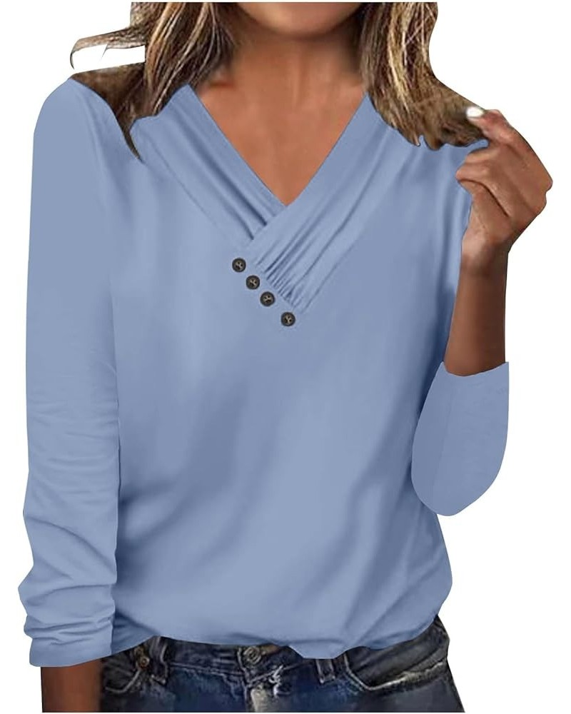 Women Fall Elegant Pleated V Neck Tee Shirts Buttons Solid Color Regular Fit Long Sleeve Blouse Lightweight Tunic Top Blue $1...