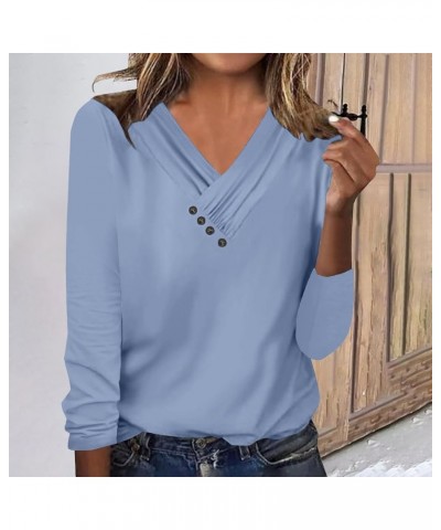 Women Fall Elegant Pleated V Neck Tee Shirts Buttons Solid Color Regular Fit Long Sleeve Blouse Lightweight Tunic Top Blue $1...