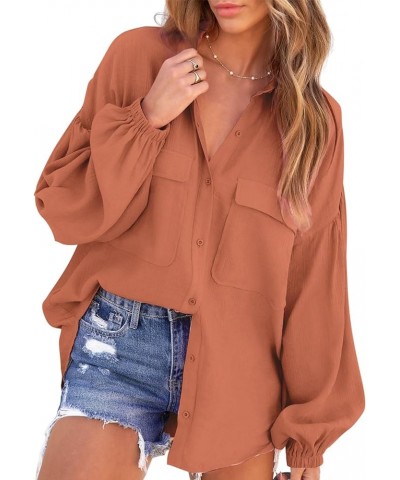 Womens Long Sleeve V Neck Button Down Shirts 2023 Lightweight Loose Summer Tops Blouses with Pockets B Orange $14.26 Blouses