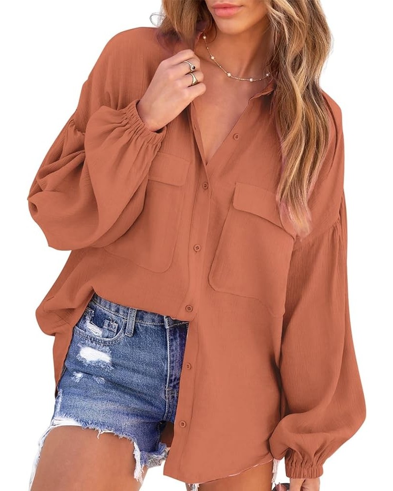 Womens Long Sleeve V Neck Button Down Shirts 2023 Lightweight Loose Summer Tops Blouses with Pockets B Orange $14.26 Blouses