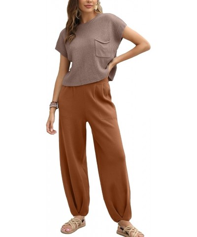 Women's Two Piece Outfits Sweater Sets Knit Pullover Tops and High Waisted Pants Lounge Sets Brown $25.00 Activewear