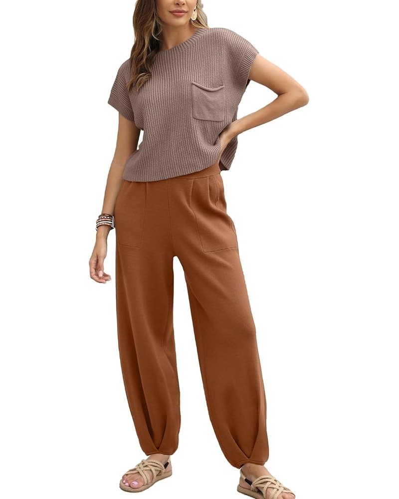 Women's Two Piece Outfits Sweater Sets Knit Pullover Tops and High Waisted Pants Lounge Sets Brown $25.00 Activewear