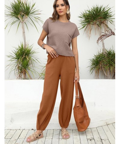 Women's Two Piece Outfits Sweater Sets Knit Pullover Tops and High Waisted Pants Lounge Sets Brown $25.00 Activewear