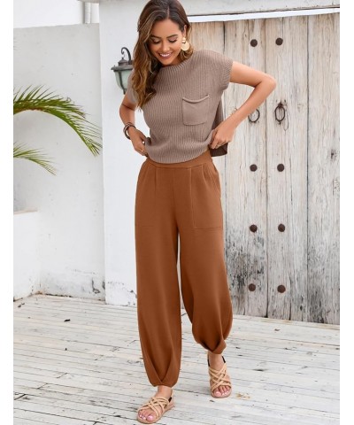 Women's Two Piece Outfits Sweater Sets Knit Pullover Tops and High Waisted Pants Lounge Sets Brown $25.00 Activewear