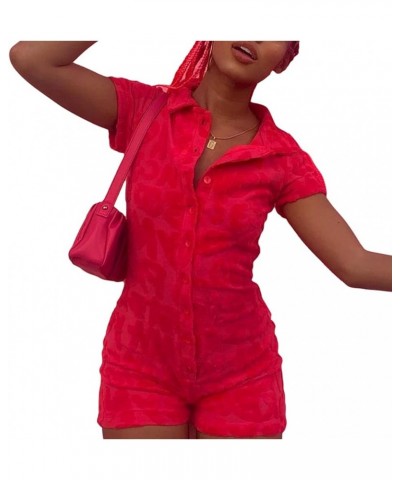 Knit Jumpsuit Shorts for Women Sexy Bodycon Bodysuit Short Sleeve Polo Neck Button Down One Piece Romper Overall Pink - B $8....