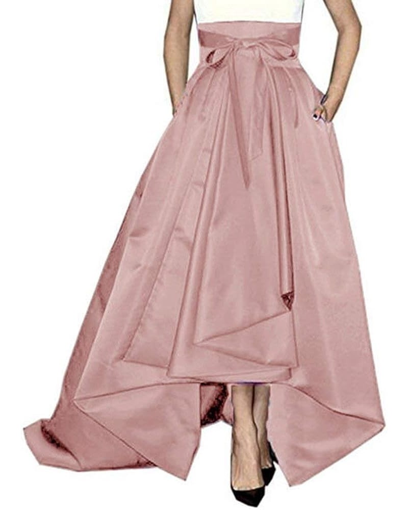 Women Floor Length High Low Bowknot Belt Satin Party Skirt Cameo Brown $31.39 Skirts