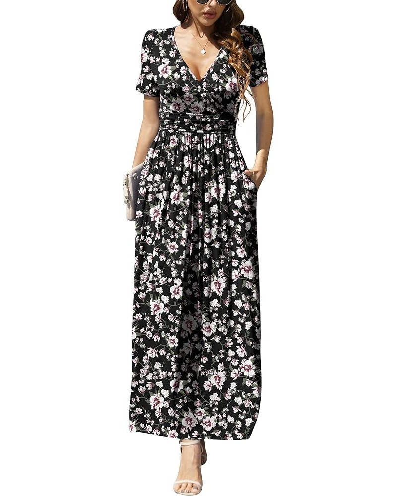 Women's Summer Short Sleeves Dress Wrap Waist Maxi Dresses with Pockets Black/Pink $19.32 Dresses