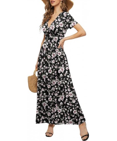 Women's Summer Short Sleeves Dress Wrap Waist Maxi Dresses with Pockets Black/Pink $19.32 Dresses