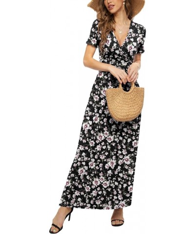 Women's Summer Short Sleeves Dress Wrap Waist Maxi Dresses with Pockets Black/Pink $19.32 Dresses