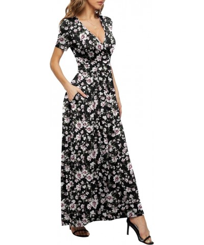 Women's Summer Short Sleeves Dress Wrap Waist Maxi Dresses with Pockets Black/Pink $19.32 Dresses