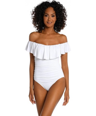 Women's Island Goddess Off Shoulder Ruffle One Piece Swimsuit White $60.87 Swimsuits