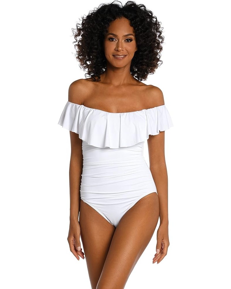 Women's Island Goddess Off Shoulder Ruffle One Piece Swimsuit White $60.87 Swimsuits