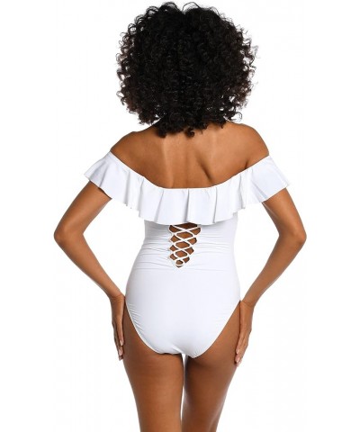 Women's Island Goddess Off Shoulder Ruffle One Piece Swimsuit White $60.87 Swimsuits