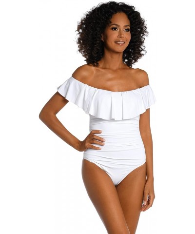 Women's Island Goddess Off Shoulder Ruffle One Piece Swimsuit White $60.87 Swimsuits