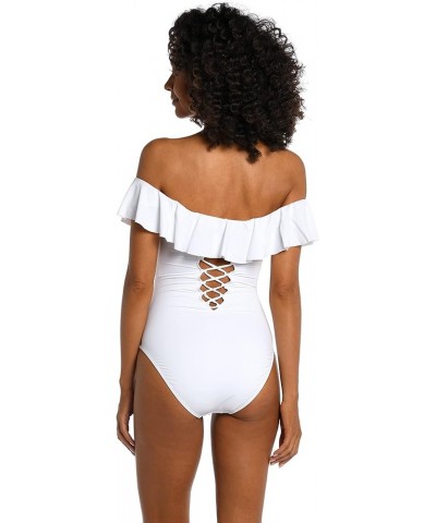 Women's Island Goddess Off Shoulder Ruffle One Piece Swimsuit White $60.87 Swimsuits