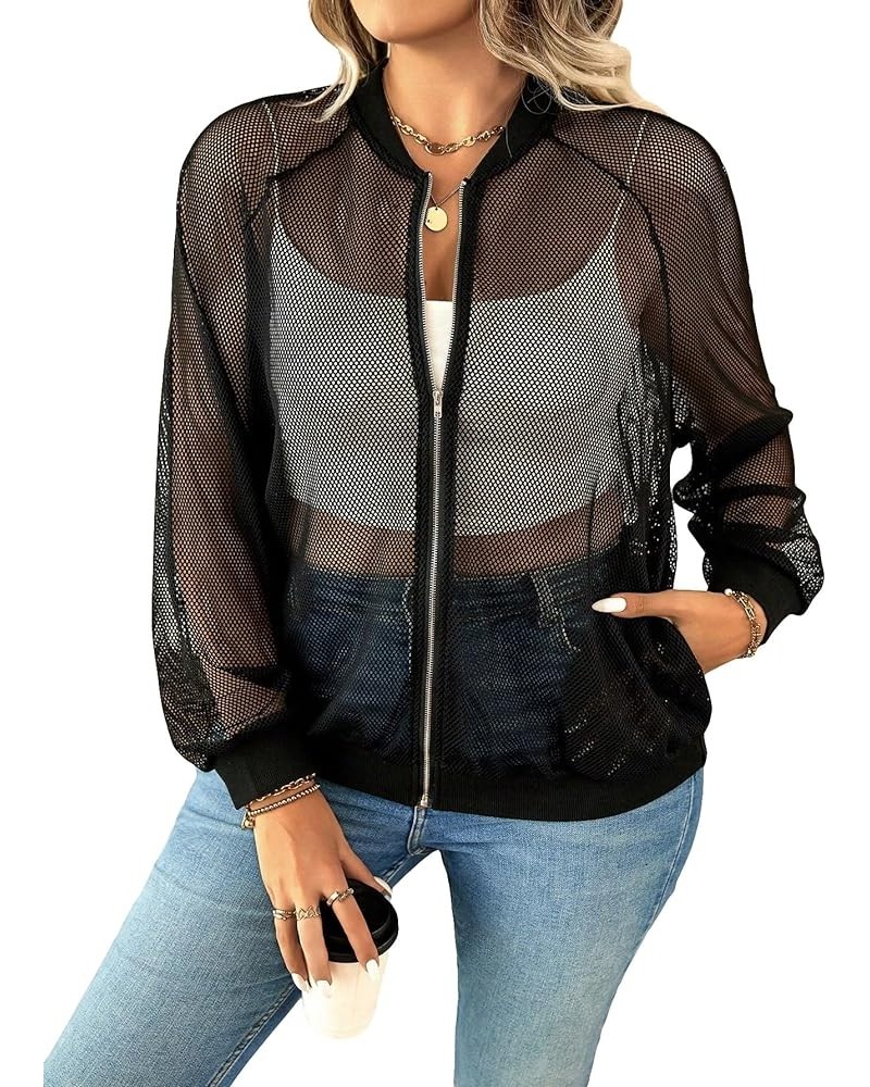 Women's Plus Size Fishnet Long Sleeve Zip Up Baseball Collar Jackets Black $19.37 Jackets