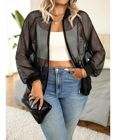 Women's Plus Size Fishnet Long Sleeve Zip Up Baseball Collar Jackets Black $19.37 Jackets