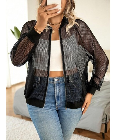 Women's Plus Size Fishnet Long Sleeve Zip Up Baseball Collar Jackets Black $19.37 Jackets