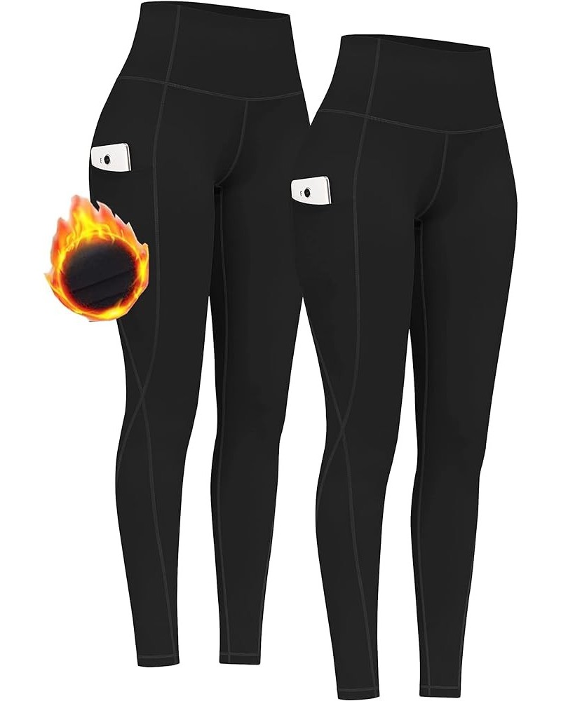 2 Pack High Waist Yoga Pants with Pockets, Tummy Control Leggings, Workout 4 Way Stretch Yoga Leggings Black+black(fleece Lin...