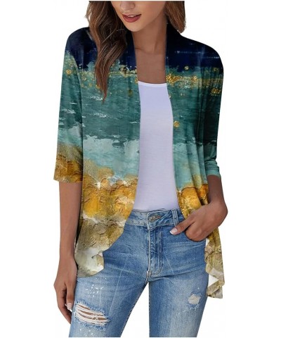 Womens Cardigans Ruffled 3/4 Sleeve Blouses V Neck 70s Tops for Women Gradient Graphic Half Sleeves Summer Jacket & Multicolo...