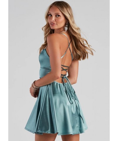 Womens Spaghetti Straps Homecoming Dresses Short Criss-Cross Back Satin Cocktail Gowns with Pockets SYYS360 Black $33.59 Dresses