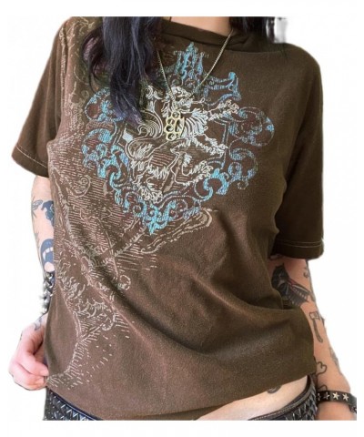 Y2K Fairy Grunge T Shirt for Women Vintage Graphic Skeleton Print Short Sleeve Tops Teens Aesthetic Gothic Emo Tees C-brown-3...