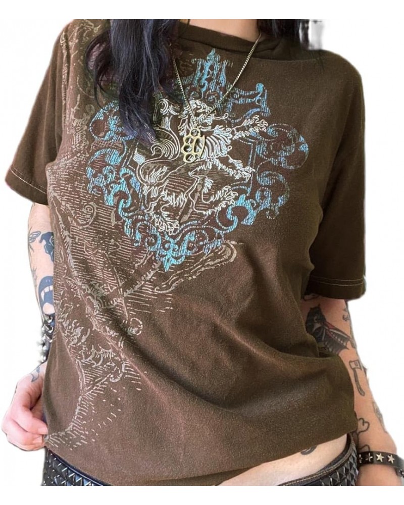 Y2K Fairy Grunge T Shirt for Women Vintage Graphic Skeleton Print Short Sleeve Tops Teens Aesthetic Gothic Emo Tees C-brown-3...