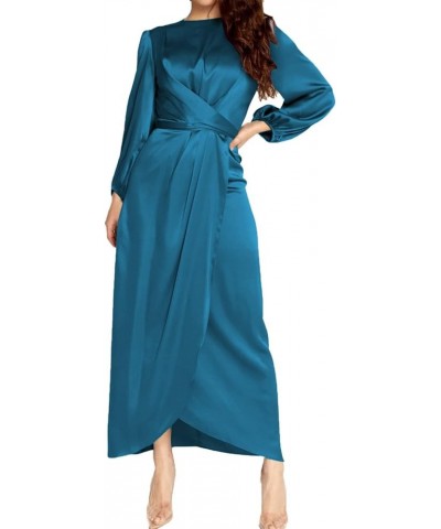 Women's Elegant Empire Waist Long Sleeve Satin Maxi Dress Teal $33.31 Dresses