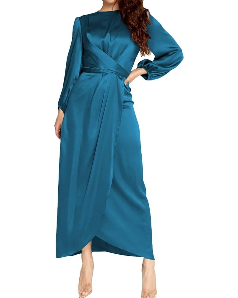 Women's Elegant Empire Waist Long Sleeve Satin Maxi Dress Teal $33.31 Dresses