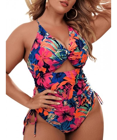 Women's Plus Size One Piece Swimsuit Floral Cut Out Drawstring Bathing Suit Multicolor $16.80 Swimsuits