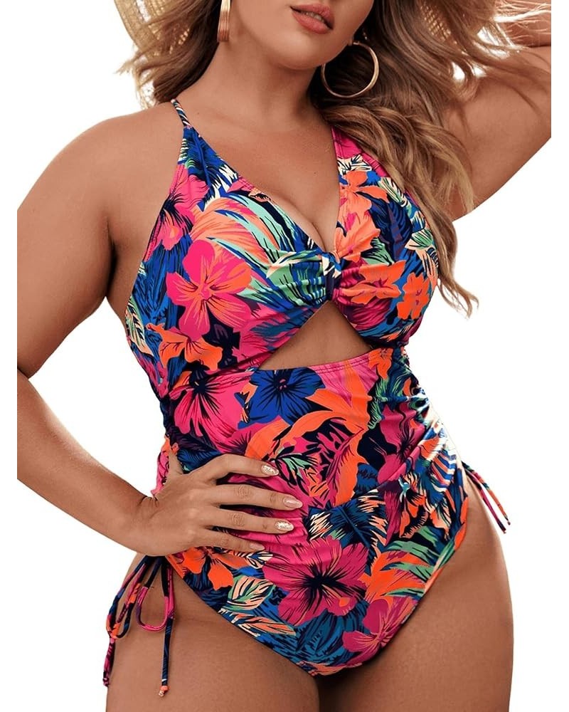 Women's Plus Size One Piece Swimsuit Floral Cut Out Drawstring Bathing Suit Multicolor $16.80 Swimsuits