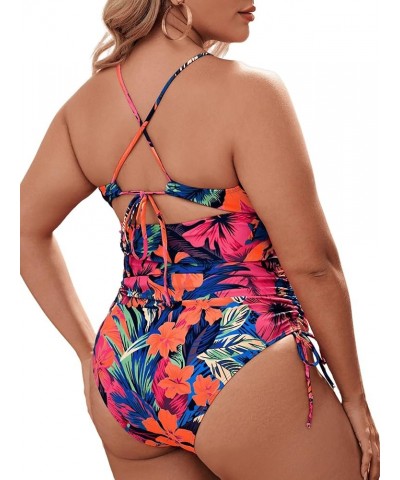 Women's Plus Size One Piece Swimsuit Floral Cut Out Drawstring Bathing Suit Multicolor $16.80 Swimsuits