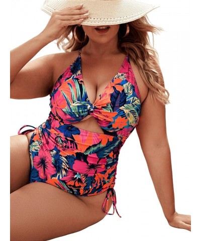 Women's Plus Size One Piece Swimsuit Floral Cut Out Drawstring Bathing Suit Multicolor $16.80 Swimsuits