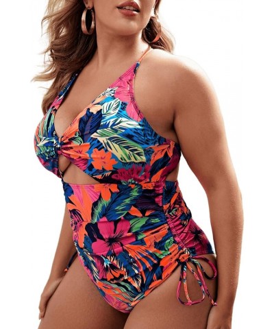 Women's Plus Size One Piece Swimsuit Floral Cut Out Drawstring Bathing Suit Multicolor $16.80 Swimsuits