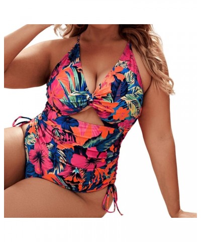 Women's Plus Size One Piece Swimsuit Floral Cut Out Drawstring Bathing Suit Multicolor $16.80 Swimsuits