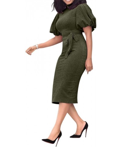 Stand Collar Short Sleeve Mid-Calf Lantern Sleeve Office Lady Bodycon Dress Army Green $28.41 Suits