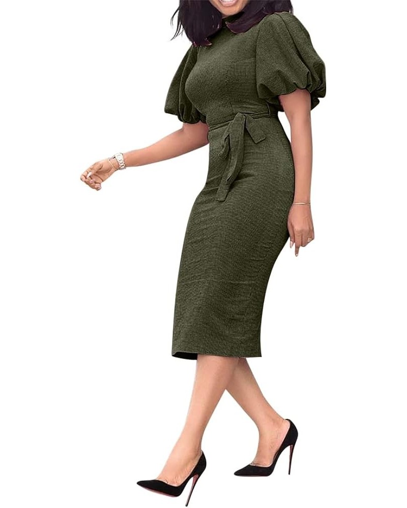 Stand Collar Short Sleeve Mid-Calf Lantern Sleeve Office Lady Bodycon Dress Army Green $28.41 Suits