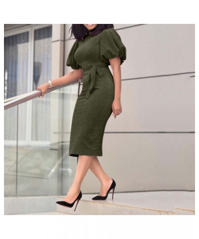 Stand Collar Short Sleeve Mid-Calf Lantern Sleeve Office Lady Bodycon Dress Army Green $28.41 Suits