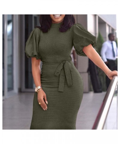 Stand Collar Short Sleeve Mid-Calf Lantern Sleeve Office Lady Bodycon Dress Army Green $28.41 Suits