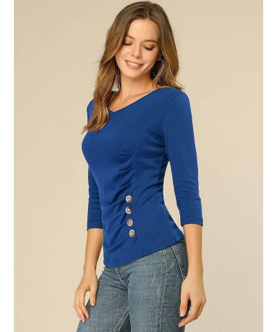 Women's V Neck Blouse 3/4 Sleeves Solid Knitted Buttons Decor Ruched Top Royal Blue $12.25 Blouses