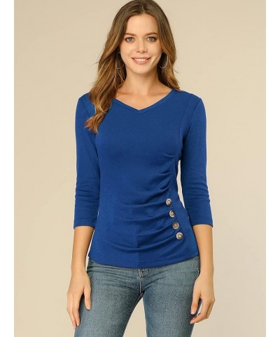 Women's V Neck Blouse 3/4 Sleeves Solid Knitted Buttons Decor Ruched Top Royal Blue $12.25 Blouses