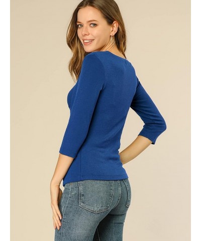 Women's V Neck Blouse 3/4 Sleeves Solid Knitted Buttons Decor Ruched Top Royal Blue $12.25 Blouses