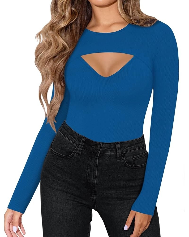 Womens Long Sleeve Tops Cut Out Front Ribbed Fitted Sexy Casual Dressy Fall Tee T-Shirts Tshirt F Royal Blue $14.78 T-Shirts